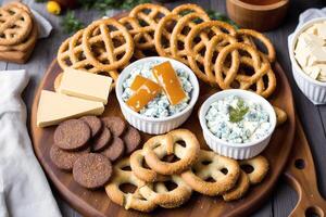 German cuisine. Austrian cuisine. Different types of food in bowls on a dark background. Pretzels with gorgonzola cheese and crackers . photo