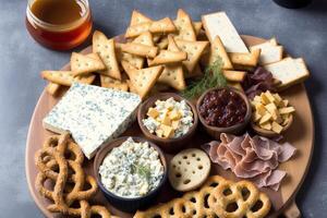 alemán cocina. austriaco cocina. diferente tipos de comida en bochas en un oscuro antecedentes. pretzels con gorgonzola queso y galletas . generativo ai foto