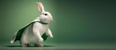 Superpet rabbit as superhero background with copy space. photo