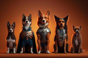 Gang of dog as superheroes with cape on orange background. Created photo