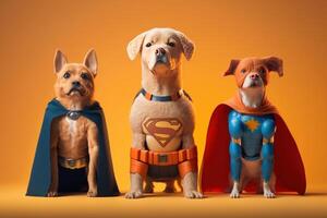 pandilla de perro como superhéroes con capa en naranja antecedentes. creado generativo ai foto