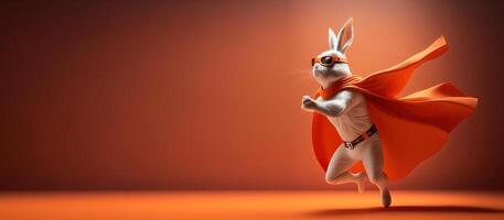 Superpet rabbit as superhero background with copy space. photo