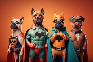 Gang of dog as superheroes with cape on orange background. Created photo