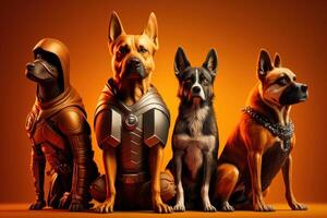 Gang of dog as superheroes with cape on orange background. Created Generative Ai photo