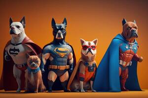 Gang of dog as superheroes with cape on orange background. Created photo