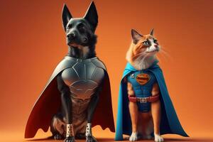 supermascota gato y perro como superhéroes con capa en naranja antecedentes. creado generativo ai foto