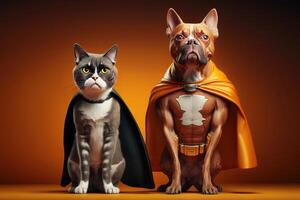 supermascota gato y perro como superhéroes con capa en naranja antecedentes. creado generativo ai foto