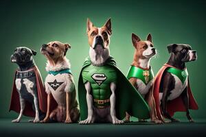 pandilla de perro como superhéroes con capa en verde antecedentes. creado generativo ai foto