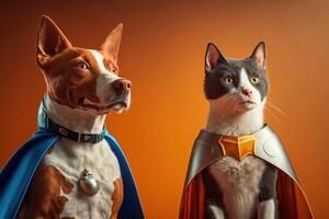 supermascota gato y perro como superhéroes con capa en naranja antecedentes. creado generativo ai foto
