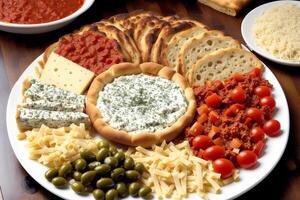 Italian cuisine. Assorted italian appetizers on a plate. Spaghetti with meatballs, tomato sauce and basil. photo