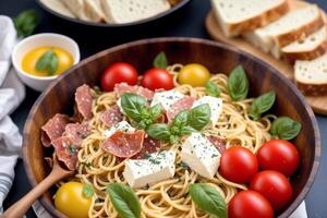 Italian cuisine. Assorted italian appetizers on a plate. Spaghetti with meatballs, tomato sauce and basil. photo