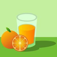 Still life vector illustration. Still life juice vector. A glass of orange juice and orange fruit with still life style. Isolated juice orange fruit in the green background