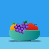 Still life vector illustration. Still life fruit bowl. Bowl of fruits vector illustration.  Isolated fruits in a bowl for leisure and relax design with blue background