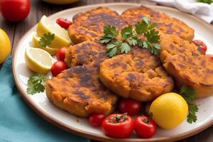 Portugal cuisine. Fried pumpkin with fish fillets. Seafood paella with prawns, mussels and tomatoes. photo