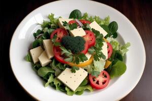 Fresh salad with green olives, feta cheese and cherry tomatoes in a bowl. Healthy salad. photo