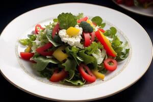 Fresh salad with green olives, feta cheese and cherry tomatoes in a bowl. Healthy salad. photo