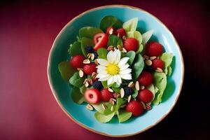 Fresh salad with green olives, feta cheese and cherry tomatoes in a bowl. Healthy salad. photo