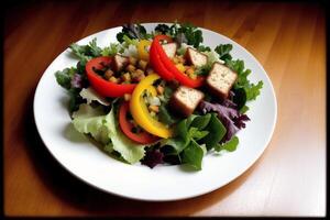 Fresh salad with green olives, feta cheese and cherry tomatoes in a bowl. Healthy salad. photo