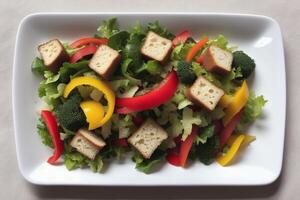 Fresh salad with green olives, feta cheese and cherry tomatoes in a bowl. Healthy salad. photo