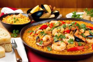 Español cocina. Español paella con camarones, mejillonespus y vegetales. Mariscos paella con langostinos, mejillones y Tomates. generativo ai foto