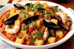 Spanish cuisine. Spanish paella with shrimps, musselspus and vegetables. Seafood paella with prawns, mussels and tomatoes. Generative AI photo