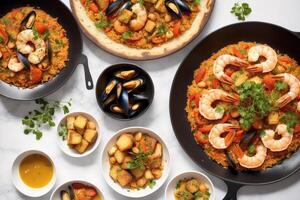 Spanish cuisine. Spanish paella with shrimps, musselspus and vegetables. Seafood paella with prawns, mussels and tomatoes. photo