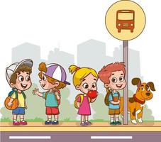 cute kids waiting for school bus cartoon vector