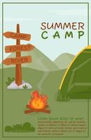 Poster for summer camping, travel, trip, hiking, camper, nature, travel, picnic. Design for a poster, banner, leaflet, cover, special offer, advertisement. Vector illustration in the flat style.