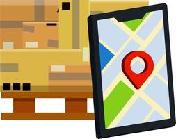 pila de paquetes móvil teléfono con ciudad mapa y alfiler. entrega ruta. concepto de correo aplicaciones dibujos animados plano ilustración vector