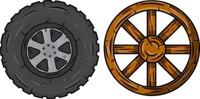 Old wooden cartwheel with crack and new modern auto wheel with tire. Comparison of technologies. Village and road element. Cartoon illustration vector