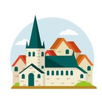 St. Olaf Church. Old historical European city. Christian temple. White tower. Element of medieval town with house and red roof. Estonian Tourist Attraction In Tallinn. vector