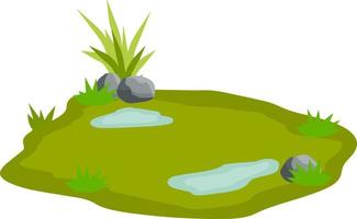 Pond and swamp, lake. Landscape with grass, stones. Platform and ground. Background for illustration. Flat cartoon. Element of nature and forests and water vector