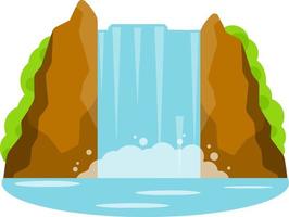 Waterfall on mountain. Rocks and water. Tropical island. Summer season, Southern landscape. Cartoon flat illustration. Pond and lake. Water falls down vector