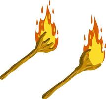 Torch on stick. Fire and branch. Primitive weapon. Burning club. Cartoon flat illustration. old item for lighting vector