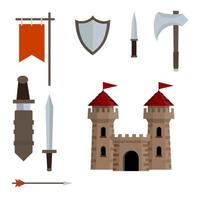 castillo medieval con torre, muralla, puerta, techo rojo. conjunto de armas antiguas de caballero - espada en vaina, flecha, escudo, bandera, hacha, daga. armaduras y armas históricas europeas. ilustración plana de dibujos animados vector