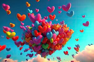 Colorful heart shape balloon with blue sky. Valentine's day background with heart shaped balloons. . photo