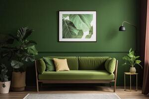 interior clásico viviendo, retro clásico estilo, con suelto muebles, marrón sofá con un verde pared y un imagen marco. generativo ai. foto