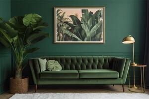 Interior classic living, retro classical style, with loose furniture,brown sofa with a green wall and a picture frame. . photo