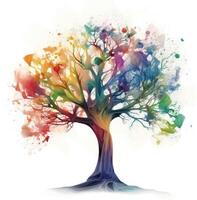 Abstract tree with roots and colorful leaves. Isolated on white background. Flat style, illustration. . photo