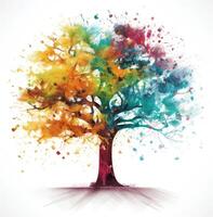 Abstract tree with roots and colorful leaves. Isolated on white background. Flat style, illustration. . photo