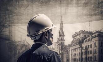 Construction concept. at back of the construction worker head which is wearing the safety helmet and checking work at the construction site. Non-existent person. photo