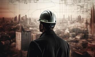 construcción concepto. a espalda de el construcción trabajador cabeza cuales es vistiendo el la seguridad casco y comprobación trabajo a el construcción sitio. inexistente persona. generativo ai foto