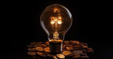 light bulb on top of coins. Rising energy cost concept. Light bulb on top of a stack of gold coins. . photo