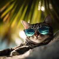 cute cat lying in hammock on beach with palm trees. Cute cat on vacation lying in hammock on beach with palm trees. . photo