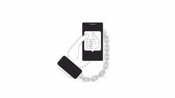 Telephone dependence bw animation. Animated handcuffs and phone 2D flat monochromatic thin line first view hand. Social media 4K video concept footage with alpha channel transparency for web design