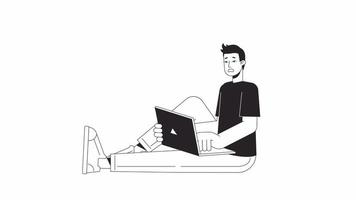 Scared guy with laptop bw animation. Panicking man sitting with notebook isolated 2D flat monochromatic thin line character 4K video footage on white with alpha channel transparency for web design