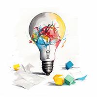 new idea concept with crumpled office paper and light bulb. Inspiration concept crumpled paper light bulb metaphor for choosing the best idea. . photo