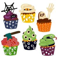 A set of realistic cupcakes for Halloween. Eerily decorated cupcakes, themed little cakes for October 31 and a scary dessert set of cartoon vector illustrations. Baking for Halloween. Day of the Dead
