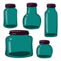 Collection of glass jars. Empty containers for parts. Blue plain glass jars with lids. Vector illustration for autumn. Banks for sunsets