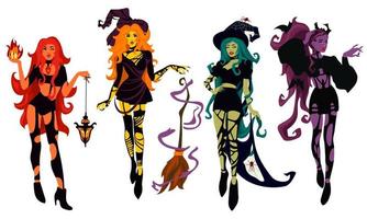 A set of beautiful young witches, colored witches. Green, yellow, purple and red witch. Halloween costume concept. Modern vector illustration, hand-drawn. Templates of posters stickers for the holiday